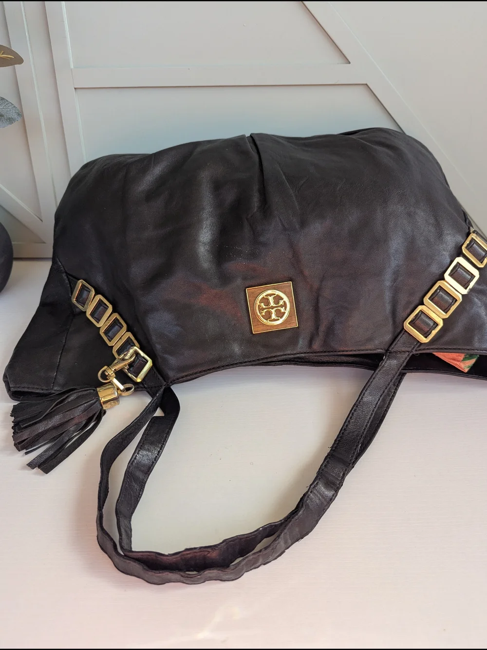 Tory Burch Black Leather Gold-Accent Tassel Tote